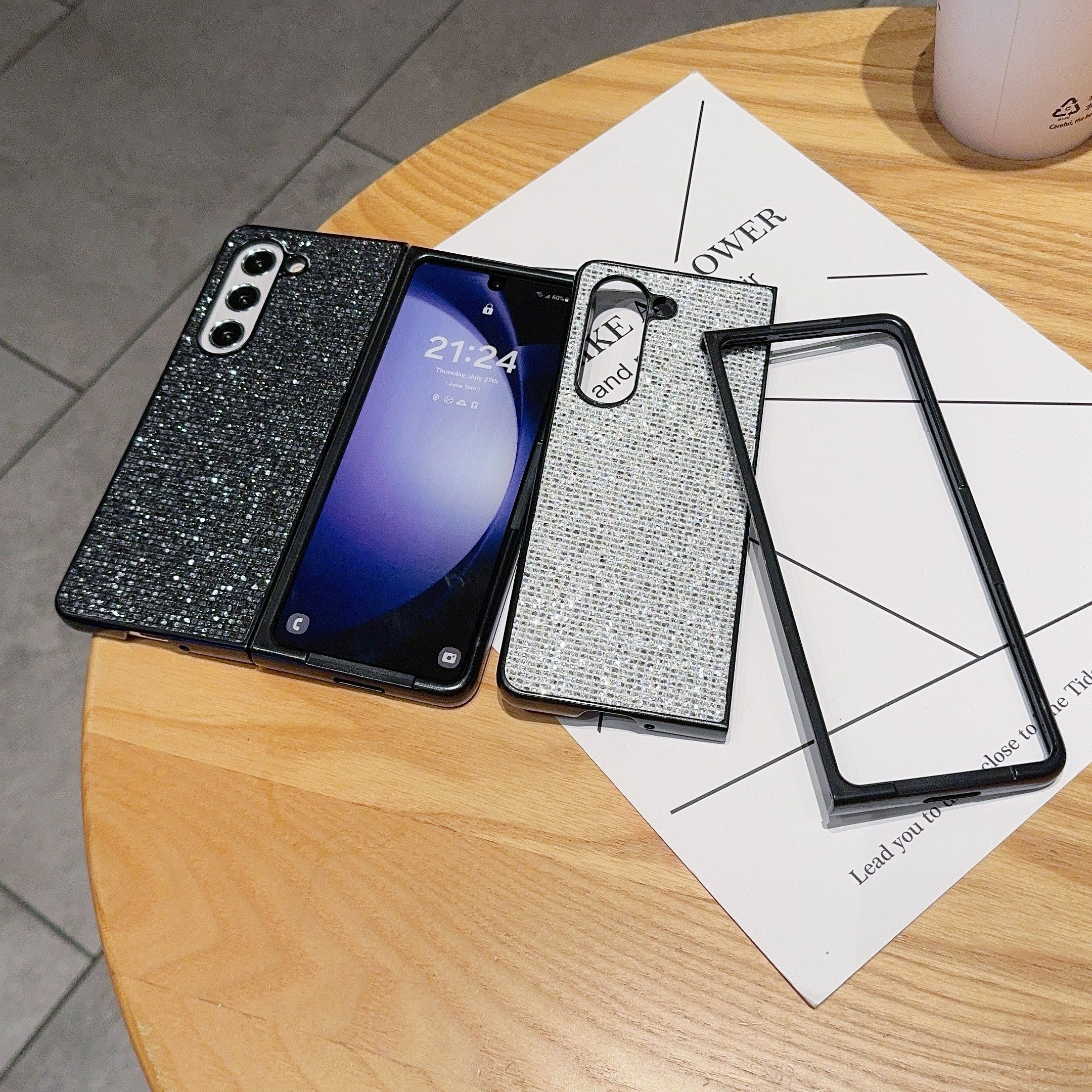 For Samsung Galaxy Z Fold6 5G Case Rhinestone Decor PU Leather Coated PC Phone Cover - Black  /  Grey