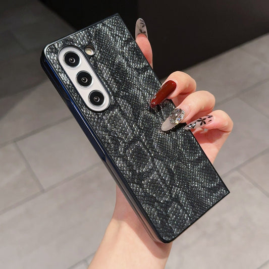 For Samsung Galaxy Z Fold6 5G Case Snake Texture PU Leather Coated PC Phone Cover - Black