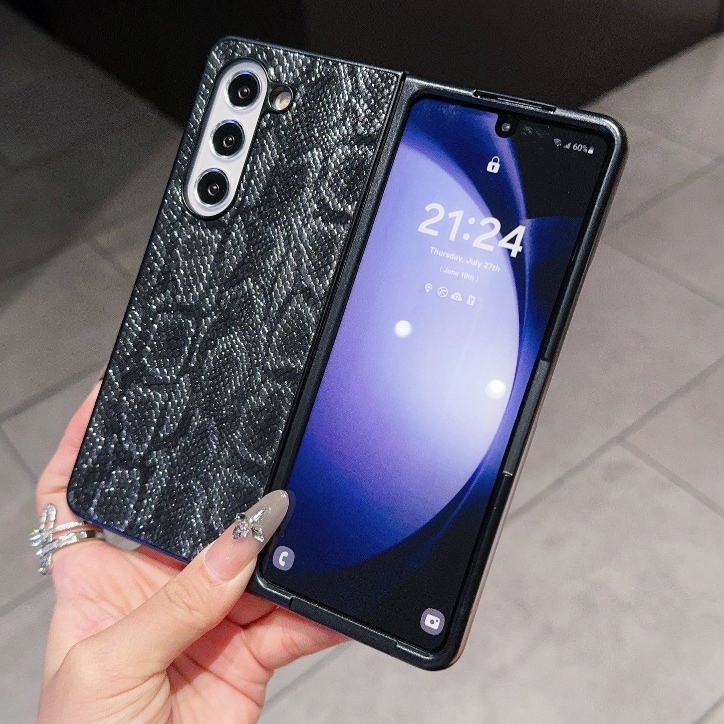 For Samsung Galaxy Z Fold6 5G Case Snake Texture PU Leather Coated PC Phone Cover - Black