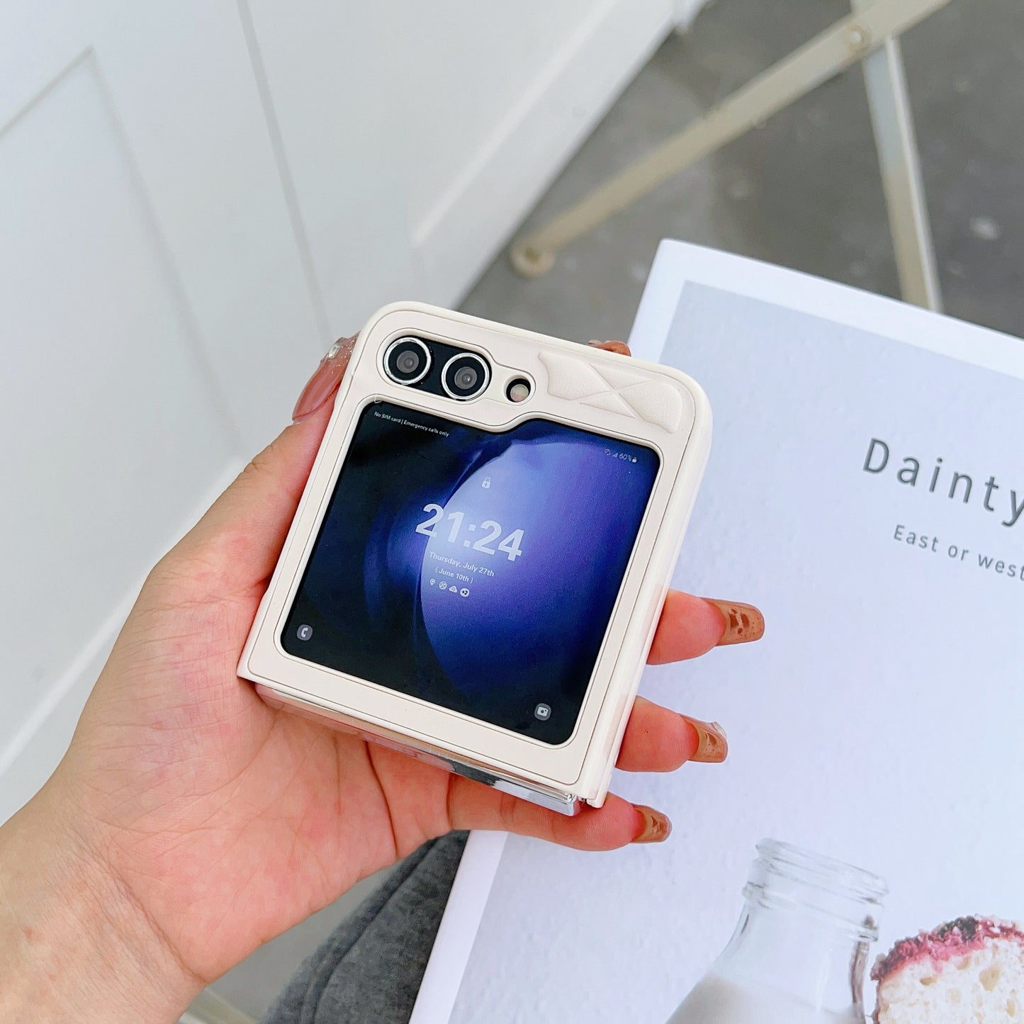 For Samsung Galaxy Z Flip6 5G Case Rhombus Pattern PU Leather Coated PC Two-Piece Phone Cover - White