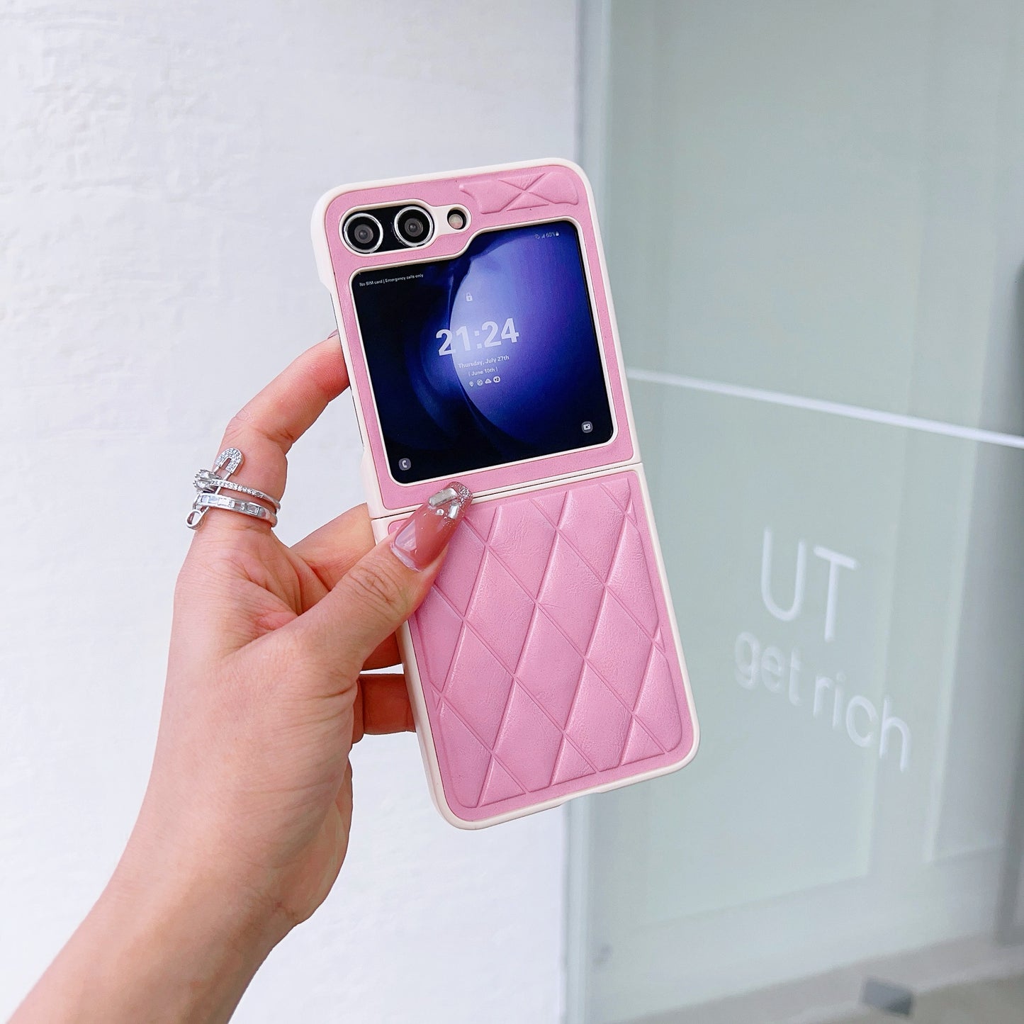 For Samsung Galaxy Z Flip6 5G Case Rhombus Pattern PU Leather Coated PC Two-Piece Phone Cover - Pink