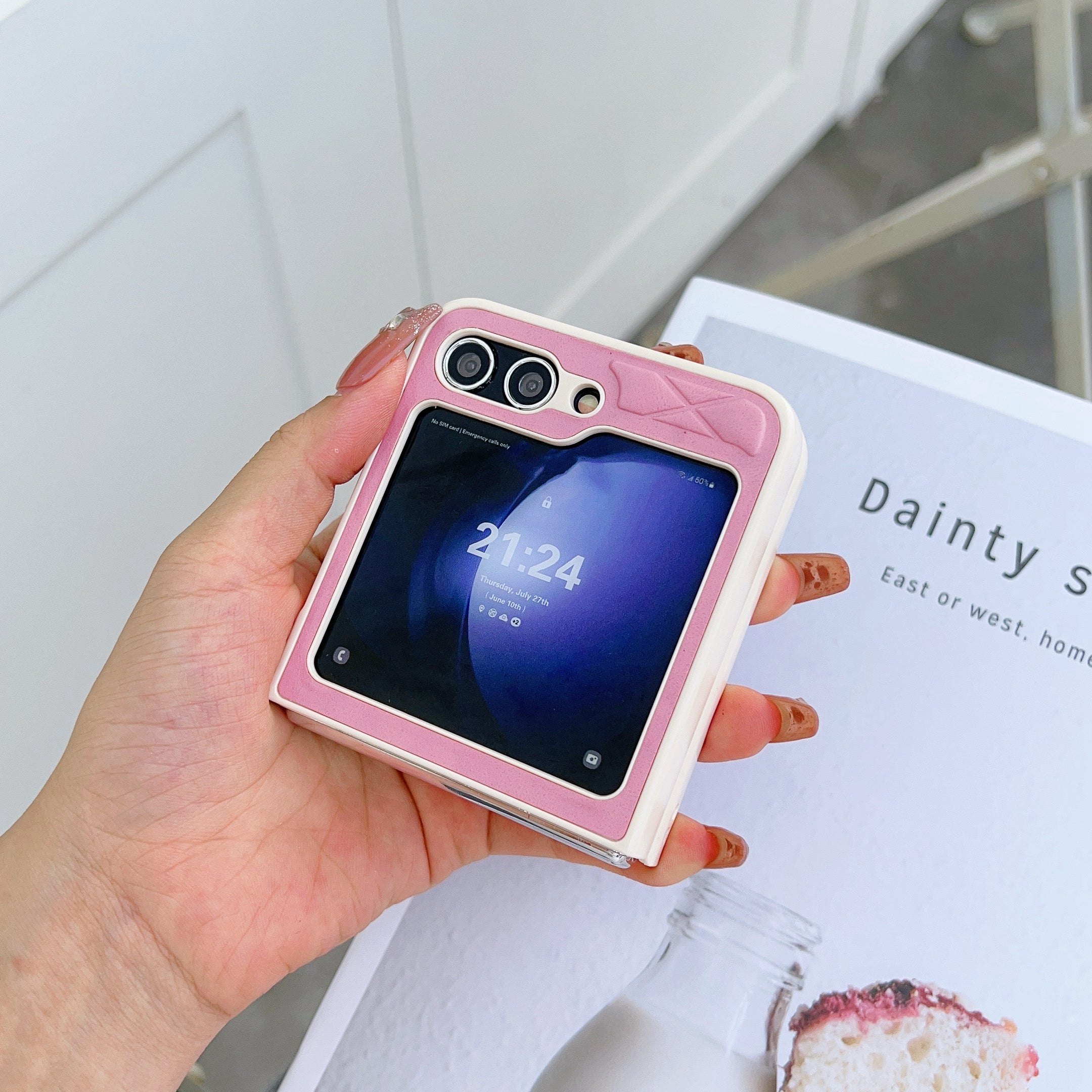 For Samsung Galaxy Z Flip6 5G Case Rhombus Pattern PU Leather Coated PC Two-Piece Phone Cover - Pink