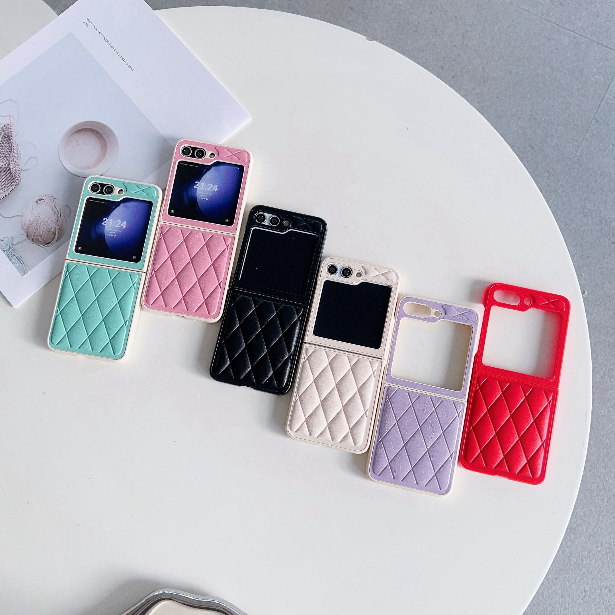 For Samsung Galaxy Z Flip6 5G Case Rhombus Pattern PU Leather Coated PC Two-Piece Phone Cover - Pink