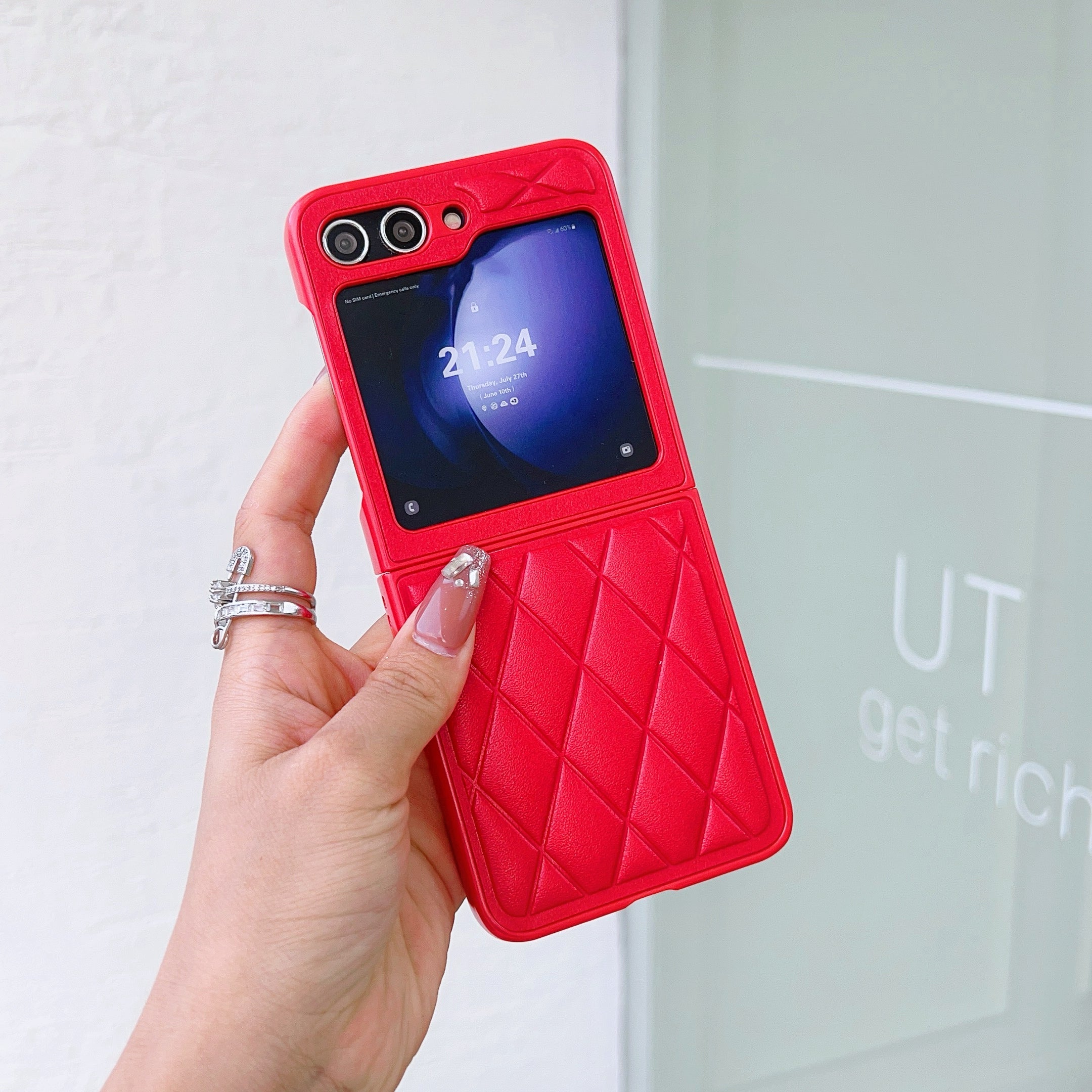 For Samsung Galaxy Z Flip6 5G Case Rhombus Pattern PU Leather Coated PC Two-Piece Phone Cover - Red