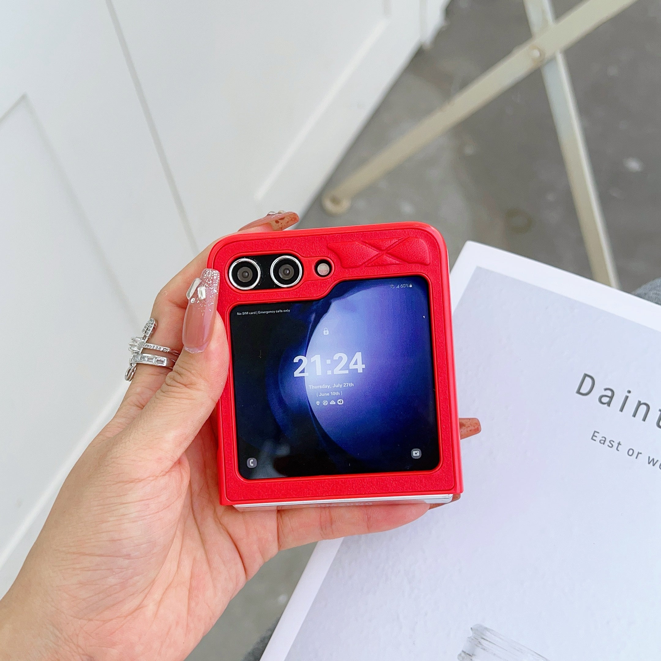 For Samsung Galaxy Z Flip6 5G Case Rhombus Pattern PU Leather Coated PC Two-Piece Phone Cover - Red