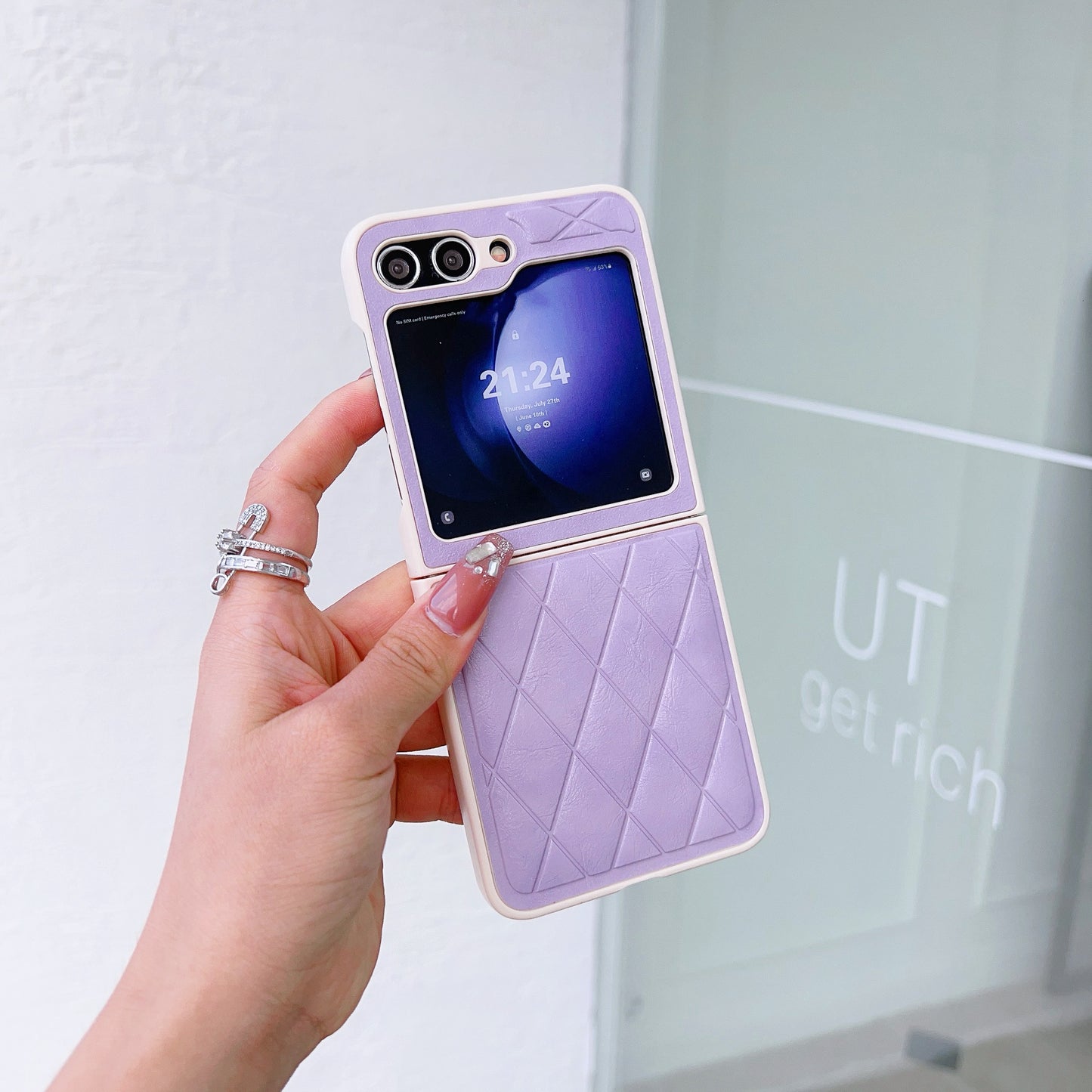 For Samsung Galaxy Z Flip6 5G Case Rhombus Pattern PU Leather Coated PC Two-Piece Phone Cover - Purple