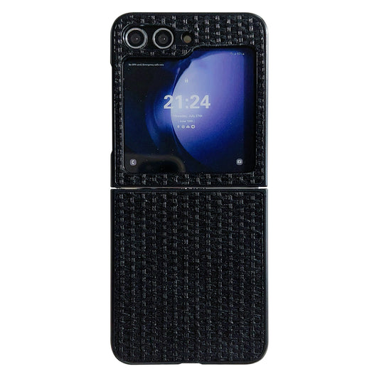 For Samsung Galaxy Z Flip6 5G Case Tweed Pattern Leather Coated PC Phone Cover Two-Piece Design - Black