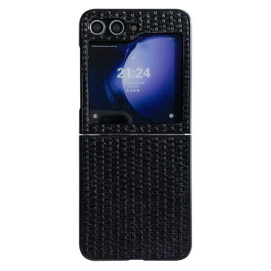 For Samsung Galaxy Z Flip7 FE 5G / Z Flip6 5G Case Tweed Pattern Leather Coated PC Phone Cover Two-Piece Design - Black