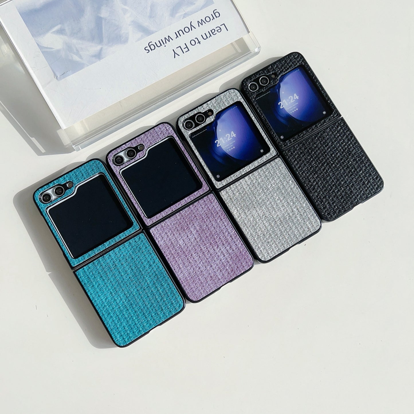 For Samsung Galaxy Z Flip6 5G Case Tweed Pattern Leather Coated PC Phone Cover Two-Piece Design - Black