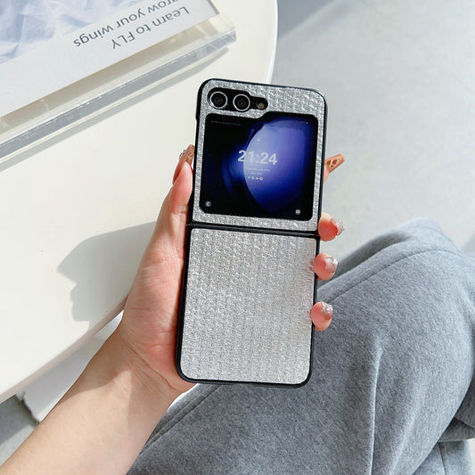For Samsung Galaxy Z Flip6 5G Case Tweed Pattern Leather Coated PC Phone Cover Two-Piece Design - Silver