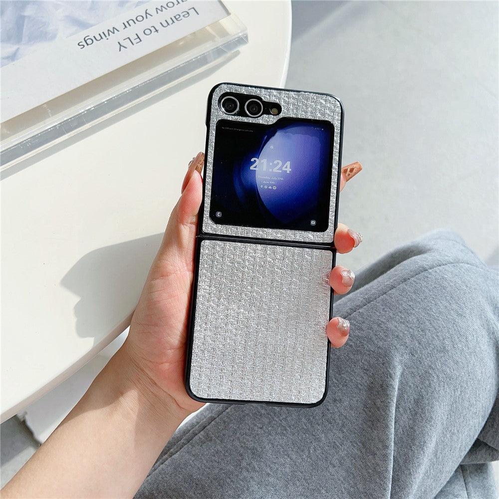 For Samsung Galaxy Z Flip7 FE 5G / Z Flip6 5G Case Tweed Pattern Leather Coated PC Phone Cover Two-Piece Design - Silver
