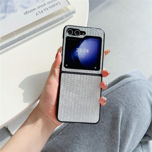 For Samsung Galaxy Z Flip7 FE 5G / Z Flip6 5G Case Tweed Pattern Leather Coated PC Phone Cover Two-Piece Design - Silver