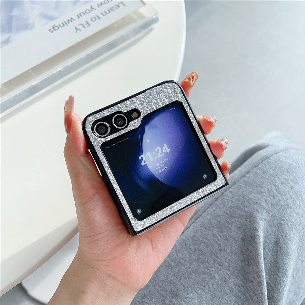 For Samsung Galaxy Z Flip7 FE 5G / Z Flip6 5G Case Tweed Pattern Leather Coated PC Phone Cover Two-Piece Design - Silver