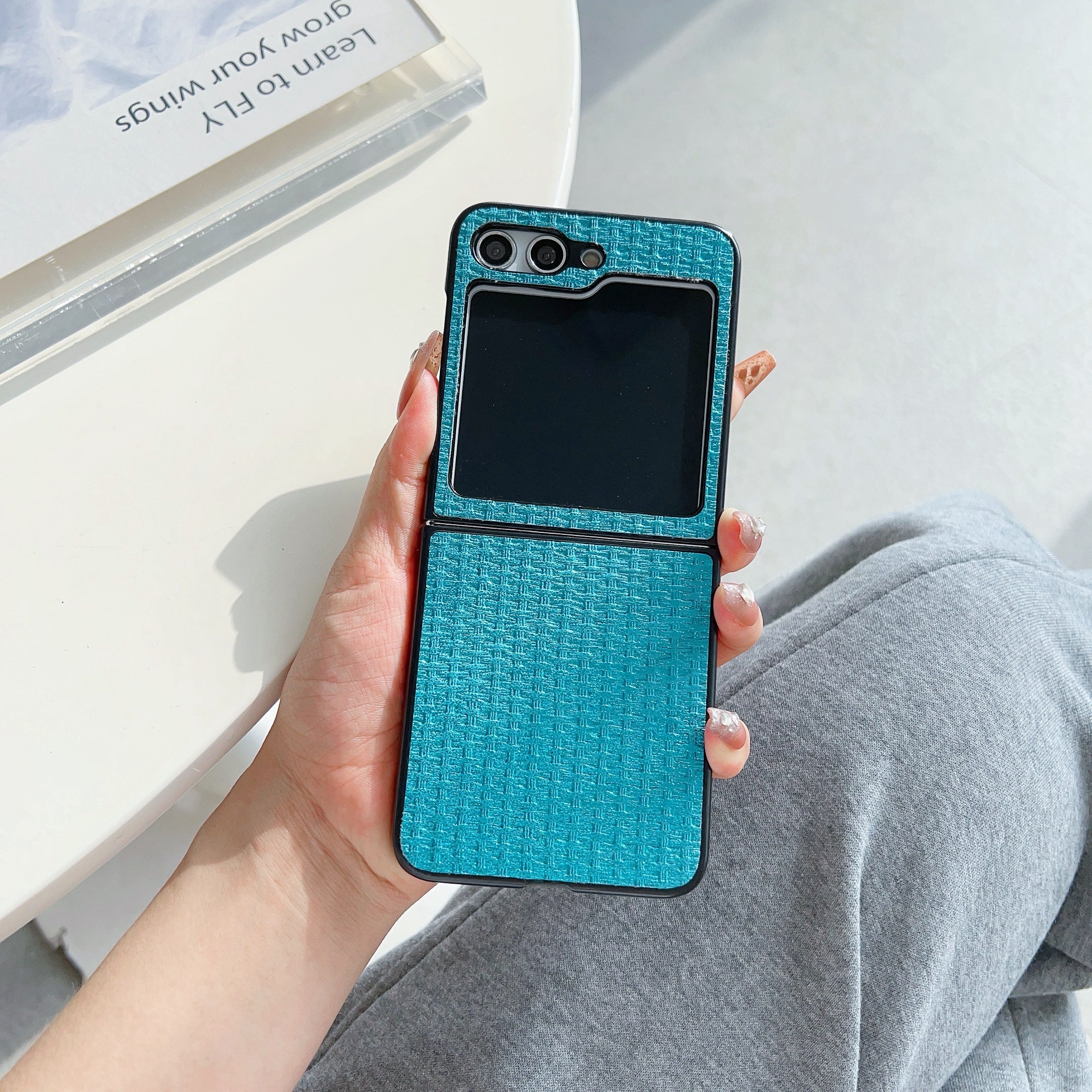 For Samsung Galaxy Z Flip6 5G Case Tweed Pattern Leather Coated PC Phone Cover Two-Piece Design - Blue
