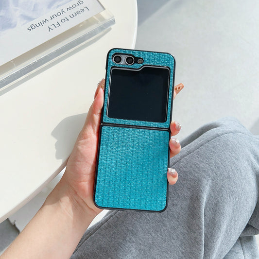 For Samsung Galaxy Z Flip6 5G Case Tweed Pattern Leather Coated PC Phone Cover Two-Piece Design - Blue