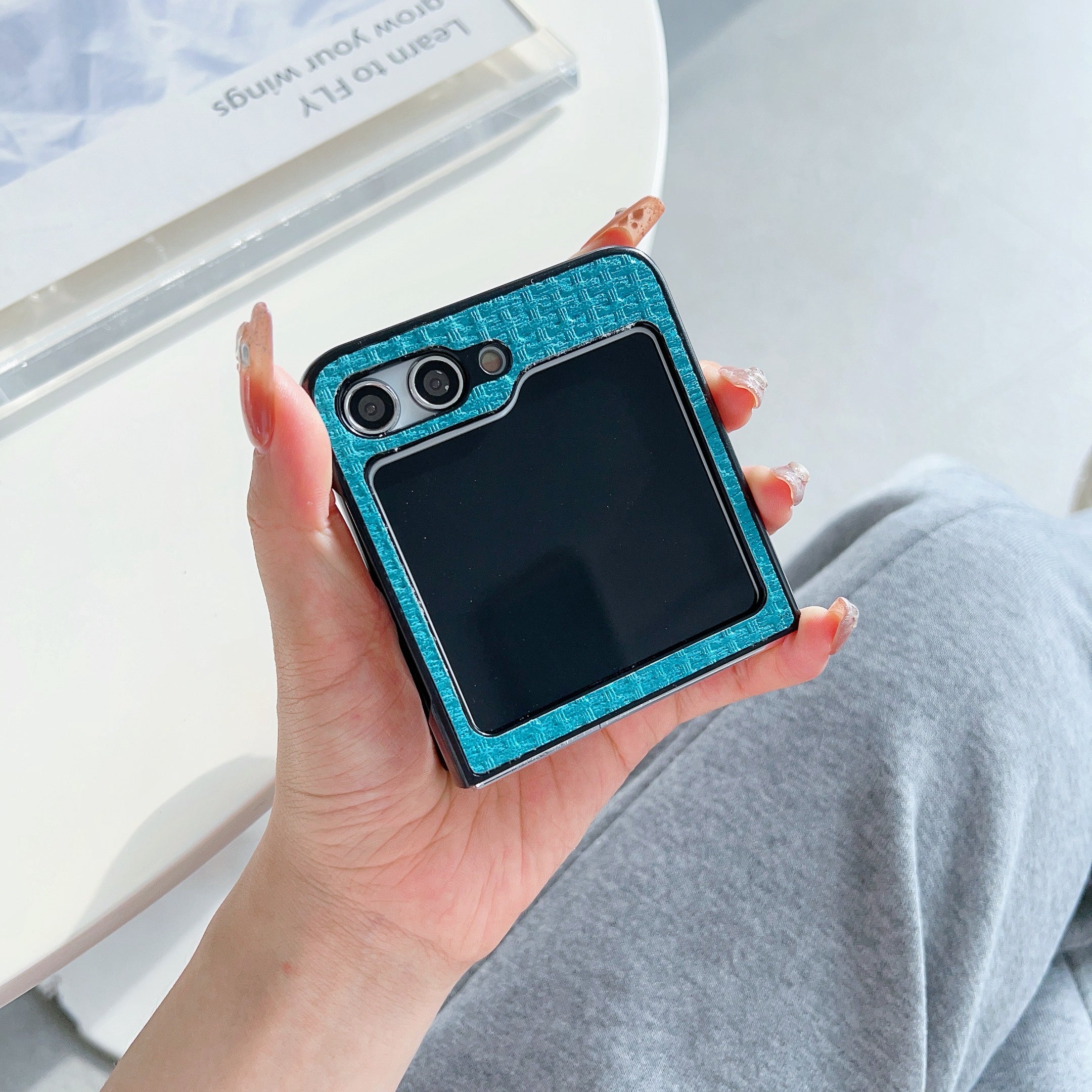 For Samsung Galaxy Z Flip6 5G Case Tweed Pattern Leather Coated PC Phone Cover Two-Piece Design - Blue