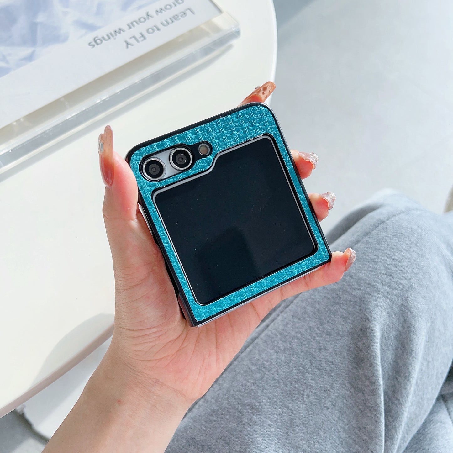 For Samsung Galaxy Z Flip6 5G Case Tweed Pattern Leather Coated PC Phone Cover Two-Piece Design - Blue