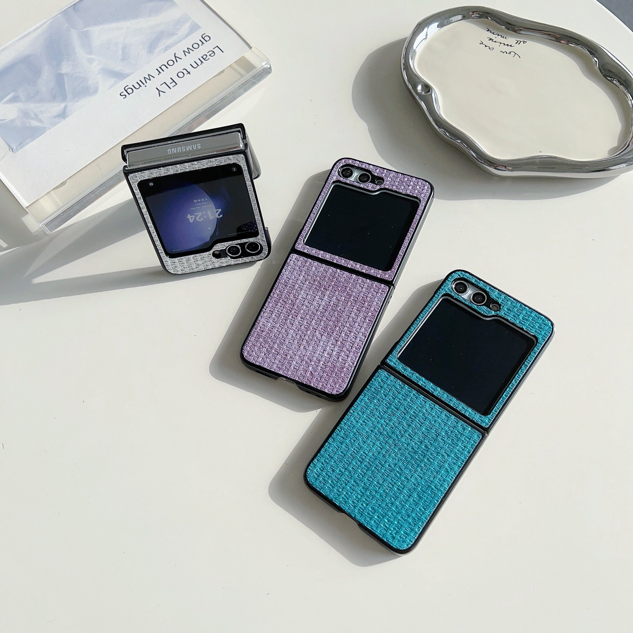 For Samsung Galaxy Z Flip6 5G Case Tweed Pattern Leather Coated PC Phone Cover Two-Piece Design - Blue