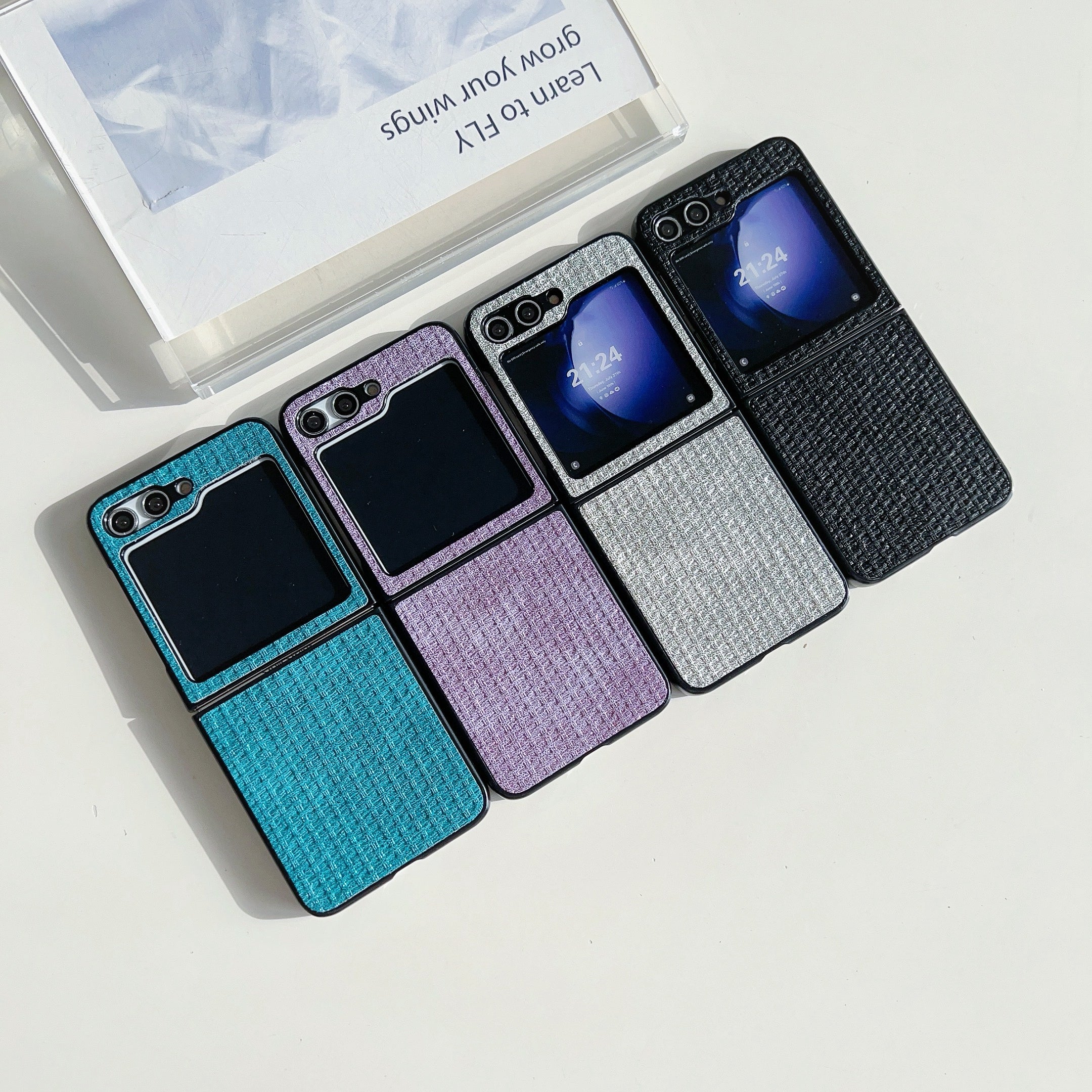 For Samsung Galaxy Z Flip6 5G Case Tweed Pattern Leather Coated PC Phone Cover Two-Piece Design - Blue