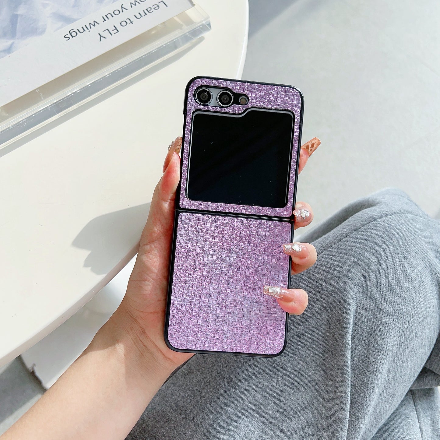 For Samsung Galaxy Z Flip6 5G Case Tweed Pattern Leather Coated PC Phone Cover Two-Piece Design - Purple