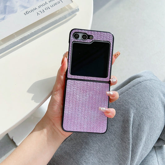 For Samsung Galaxy Z Flip6 5G Case Tweed Pattern Leather Coated PC Phone Cover Two-Piece Design - Purple