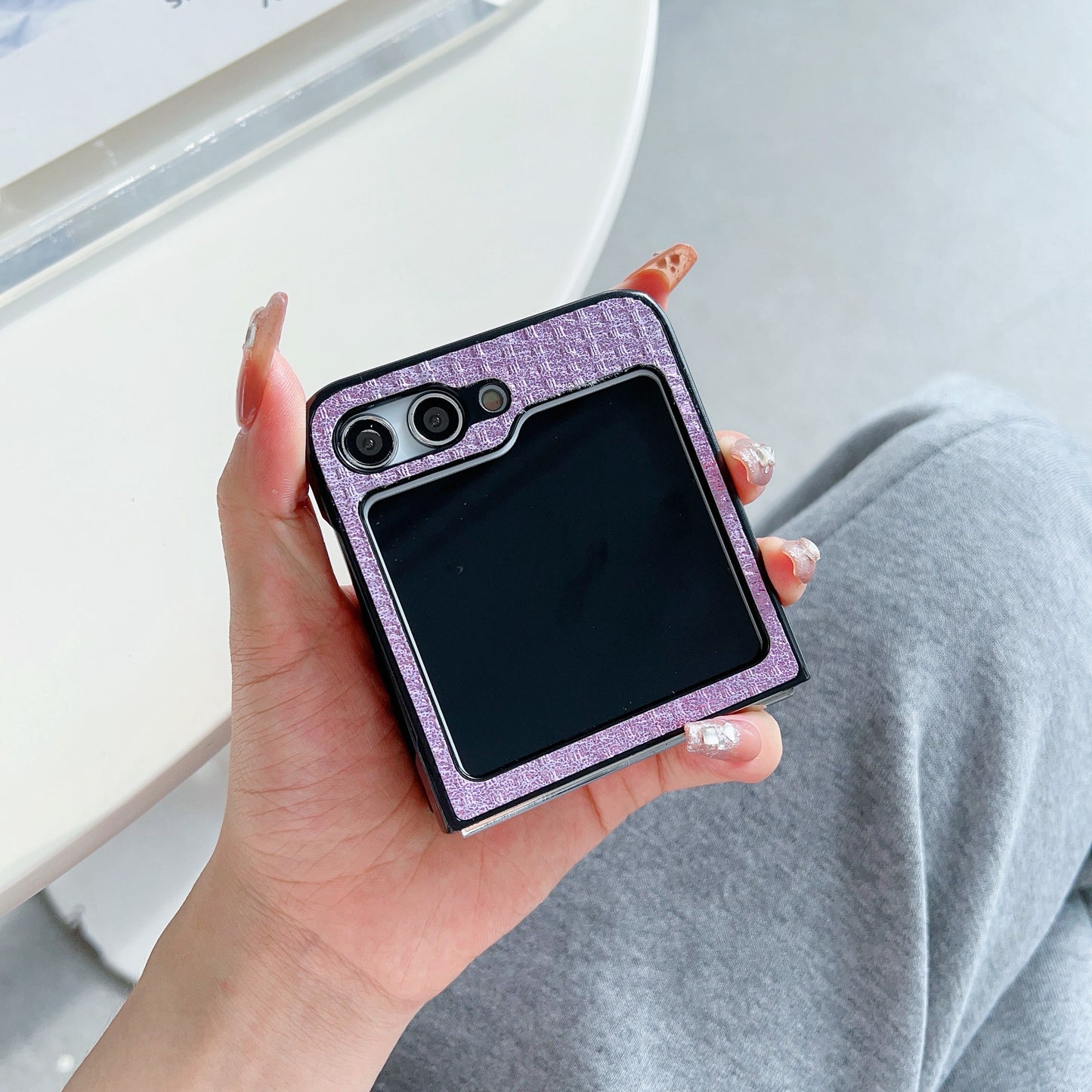 For Samsung Galaxy Z Flip6 5G Case Tweed Pattern Leather Coated PC Phone Cover Two-Piece Design - Purple