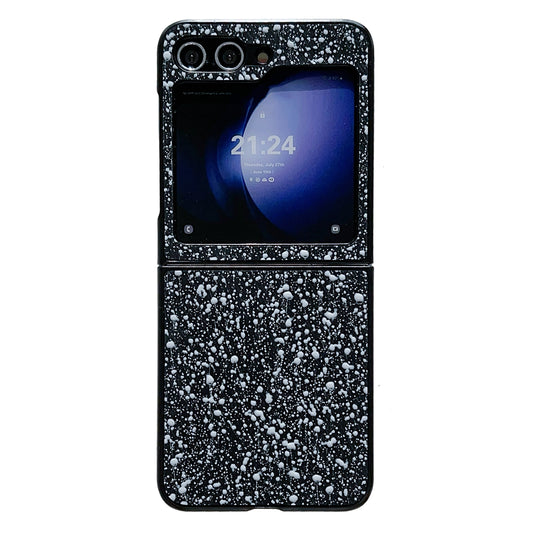 For Samsung Galaxy Z Flip6 5G Case Leather Coated PC Splatter Paint Phone Cover Two-Piece Design - Black