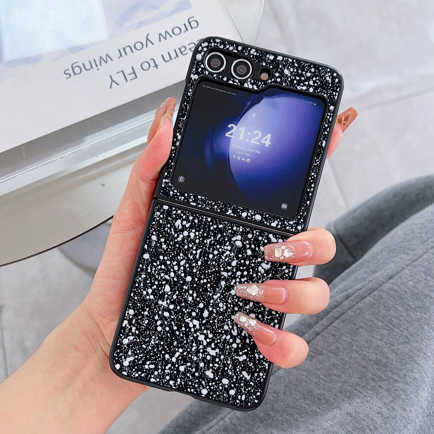 For Samsung Galaxy Z Flip6 5G Case Leather Coated PC Splatter Paint Phone Cover Two-Piece Design - Black
