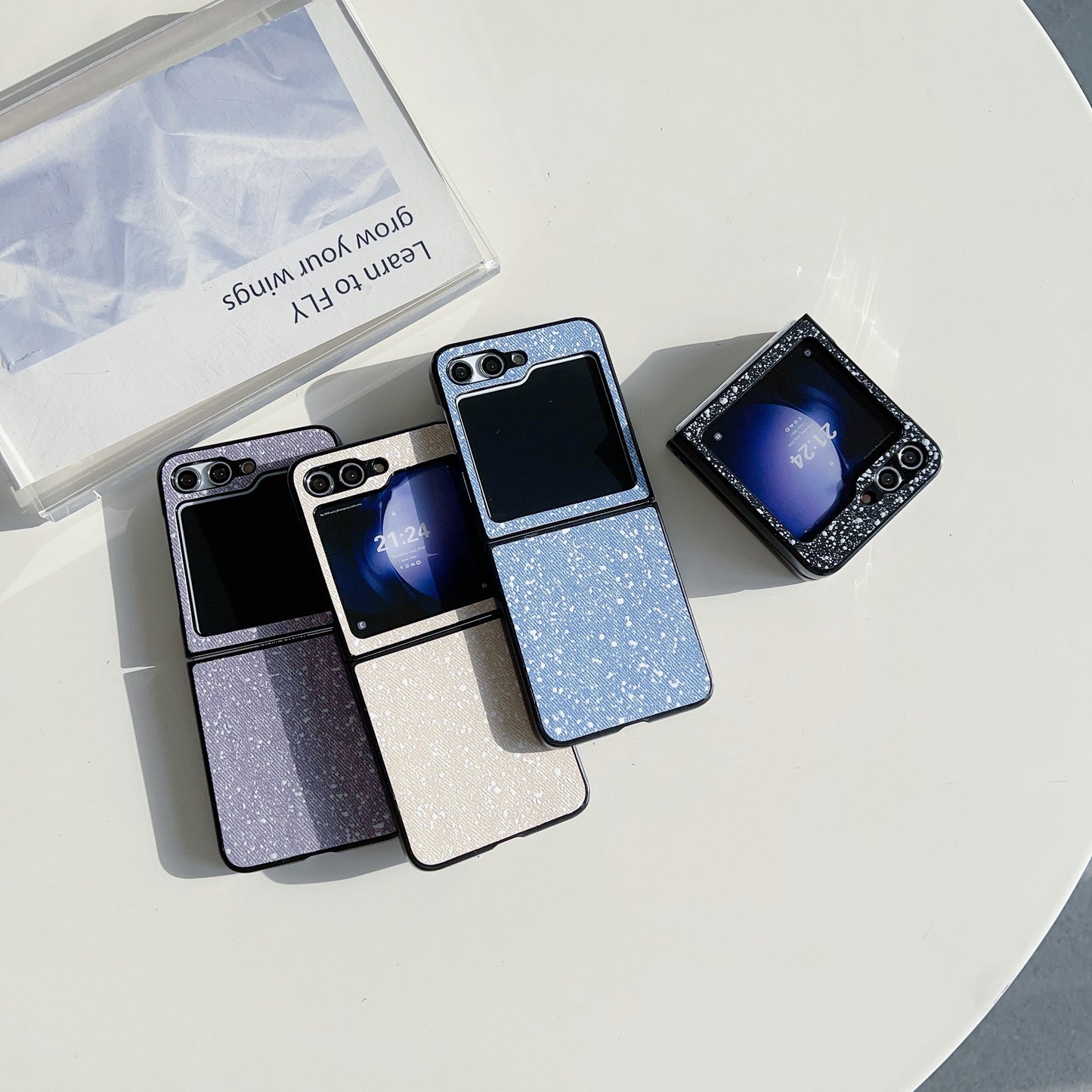 For Samsung Galaxy Z Flip6 5G Case Leather Coated PC Splatter Paint Phone Cover Two-Piece Design - Blue