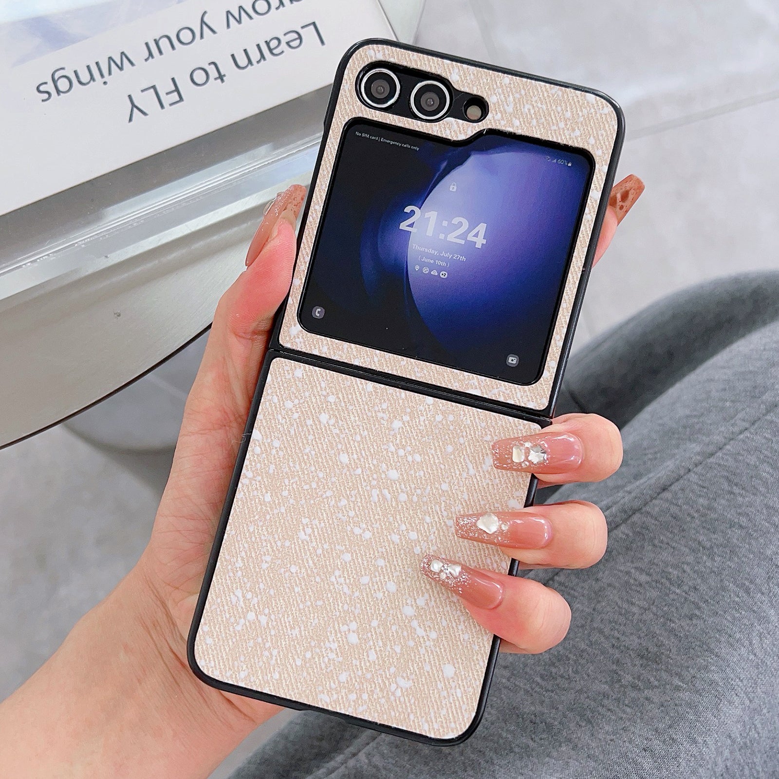 For Samsung Galaxy Z Flip6 5G Case Leather Coated PC Splatter Paint Phone Cover Two-Piece Design - Khaki