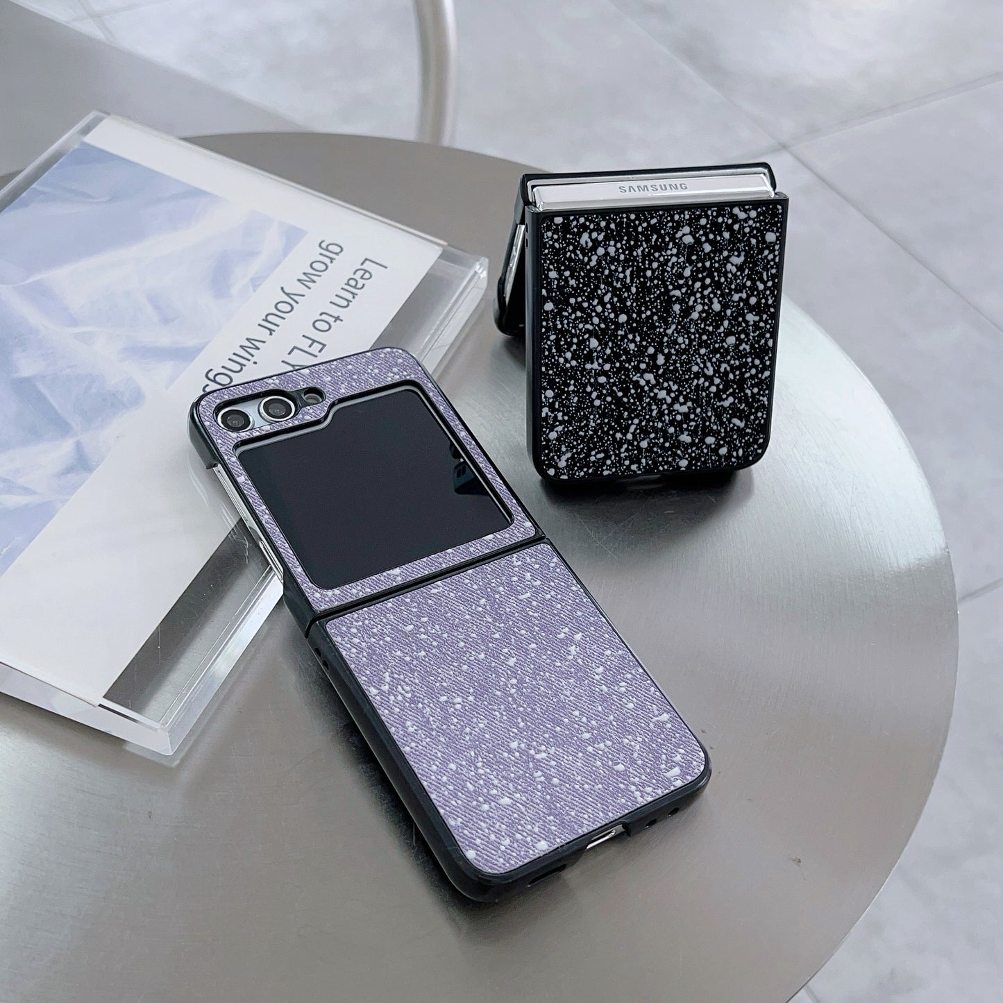 For Samsung Galaxy Z Flip6 5G Case Leather Coated PC Splatter Paint Phone Cover Two-Piece Design - Khaki