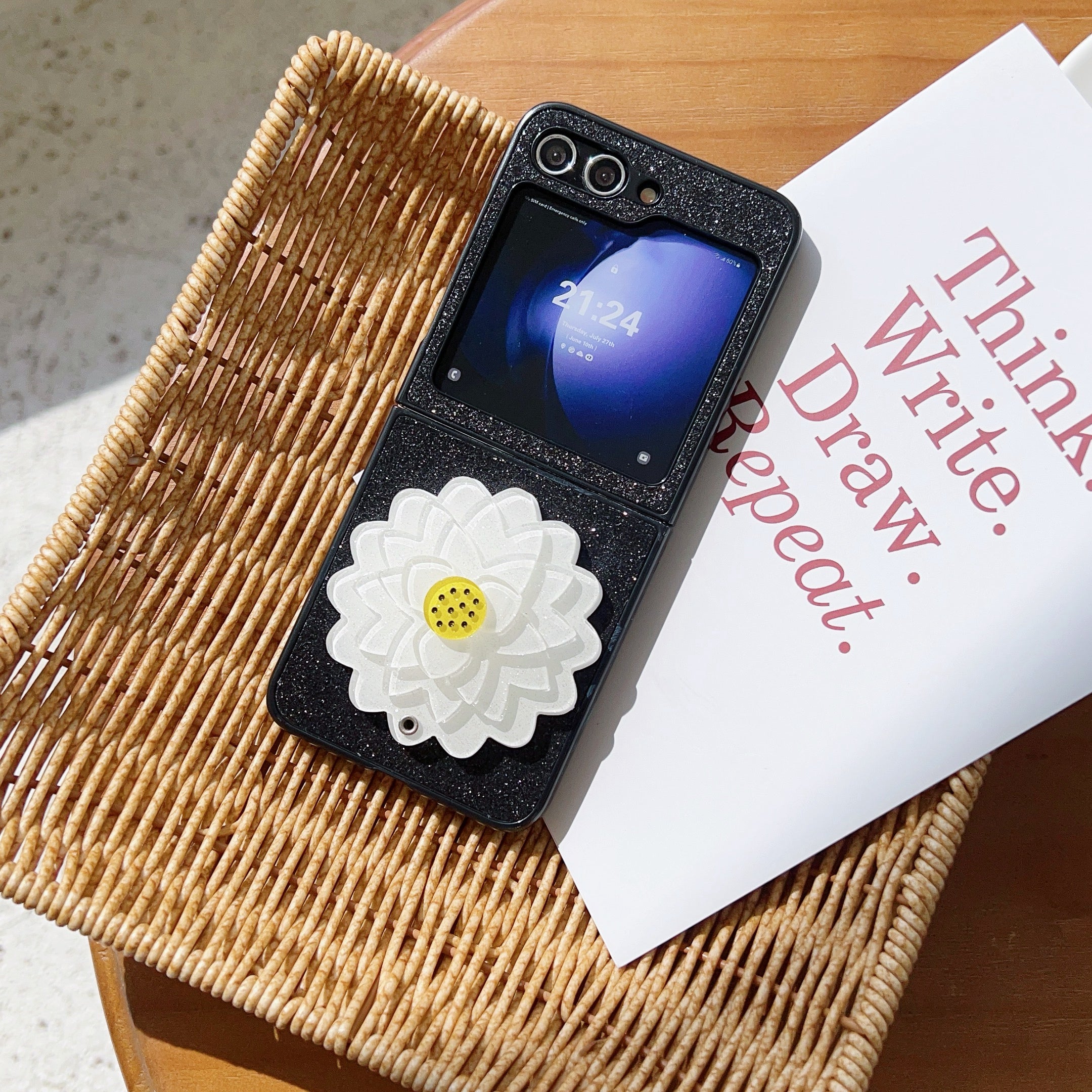 For Samsung Galaxy Z Flip6 5G Case Leather Coated PC 3D Flower Phone Cover Two-Piece Design - White Flower