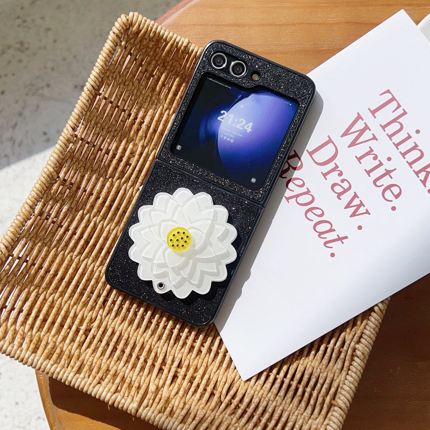 For Samsung Galaxy Z Flip6 5G Case Leather Coated PC 3D Flower Phone Cover Two-Piece Design - White Flower
