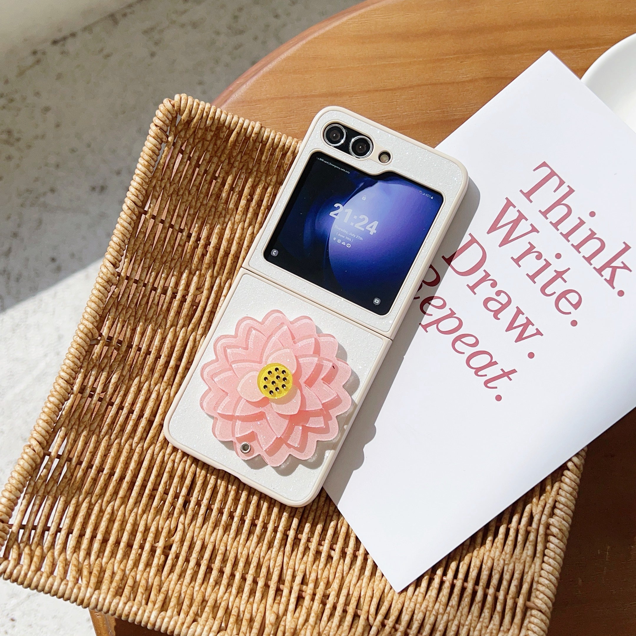 For Samsung Galaxy Z Flip6 5G Case Leather Coated PC 3D Flower Phone Cover Two-Piece Design - Pink Flower
