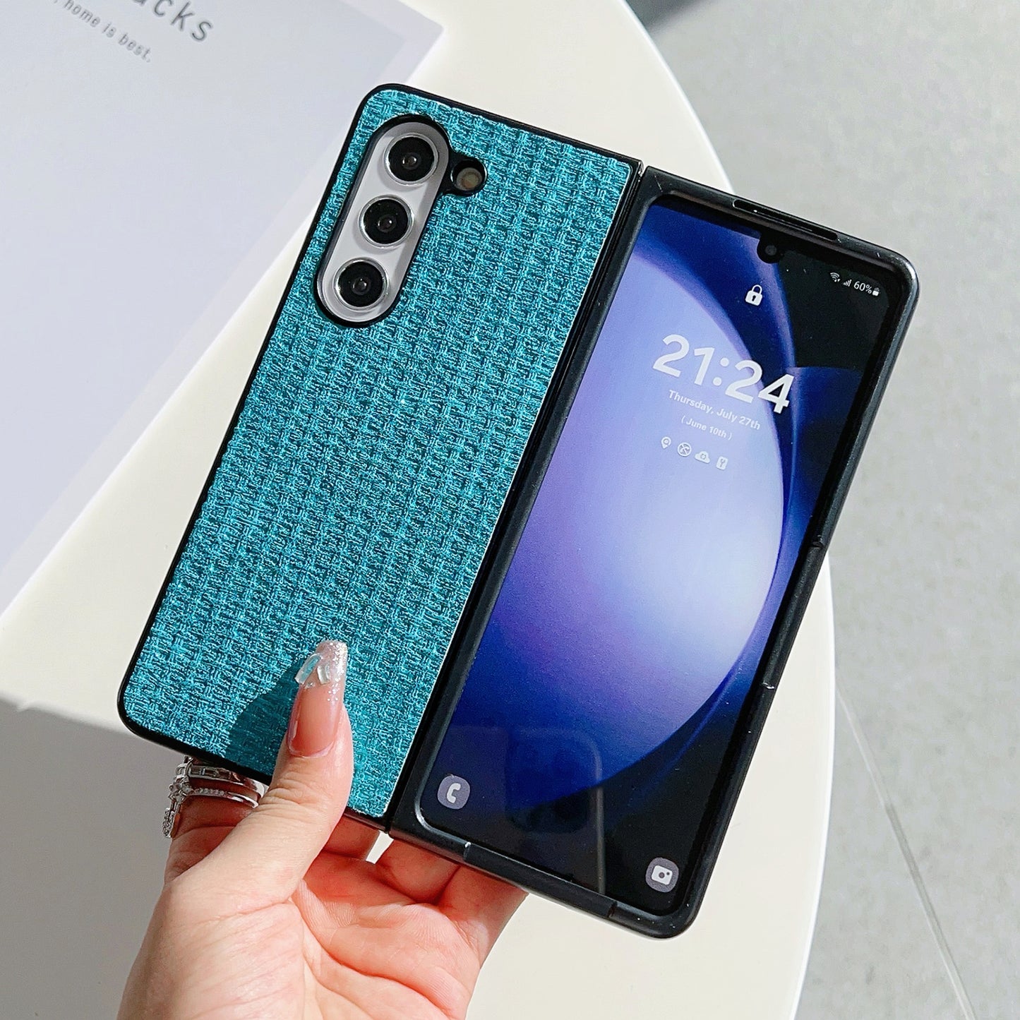 For Samsung Galaxy Z Fold6 5G Case Leather Coated PC Two-Piece Phone Cover Tweed Pattern - Blue