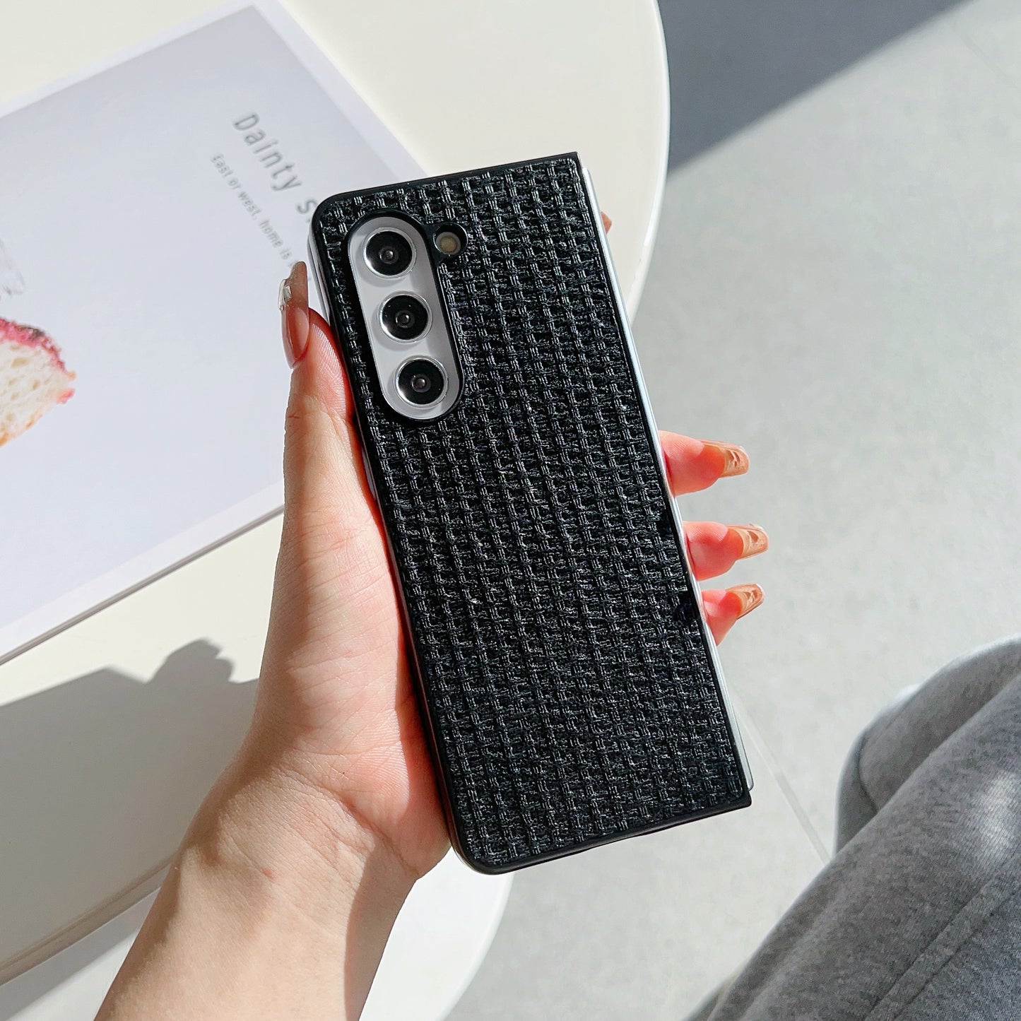 For Samsung Galaxy Z Fold6 5G Case Leather Coated PC Two-Piece Phone Cover Tweed Pattern - Black