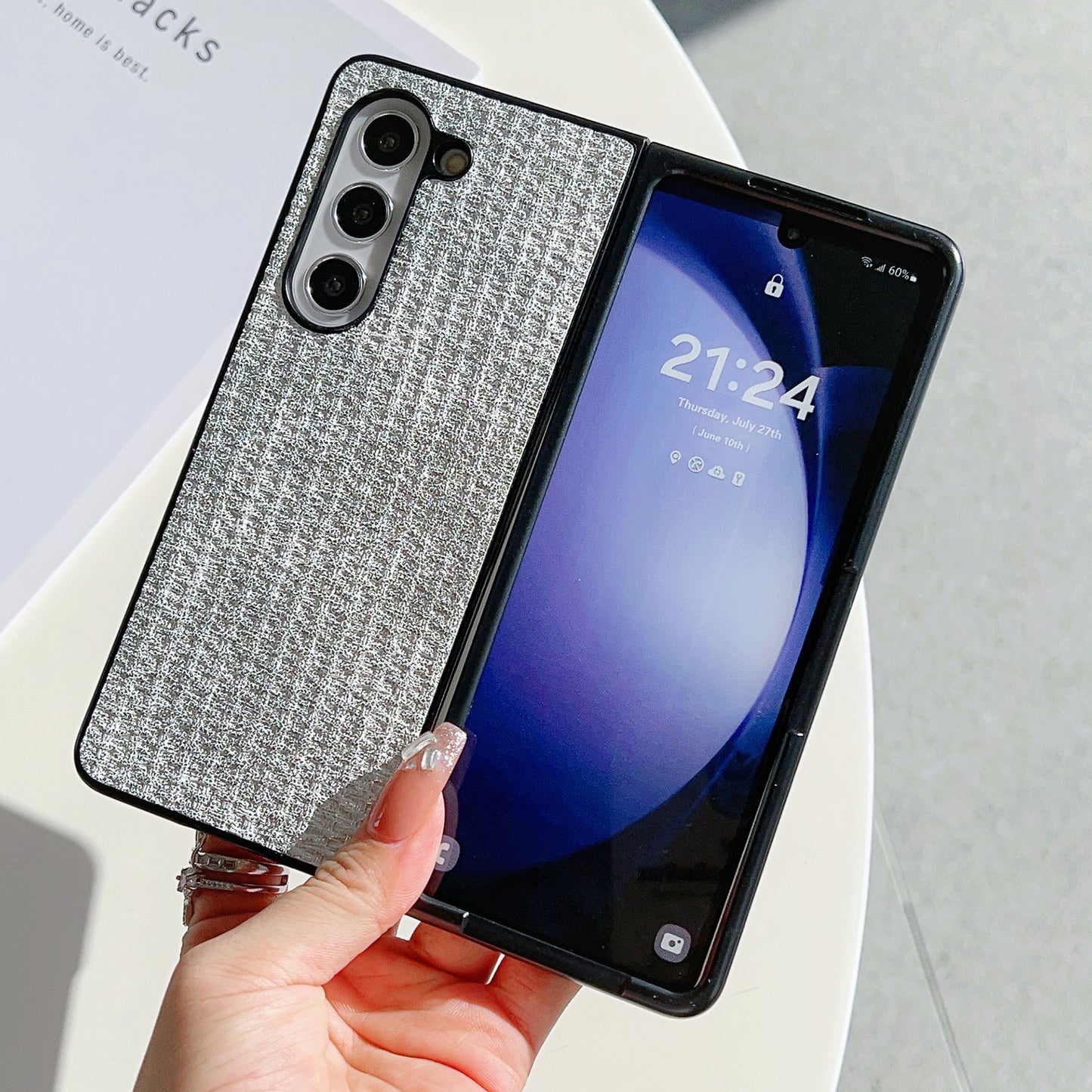 For Samsung Galaxy Z Fold6 5G Case Leather Coated PC Two-Piece Phone Cover Tweed Pattern - Silver
