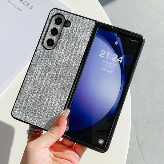 For Samsung Galaxy Z Fold6 5G Case Leather Coated PC Two-Piece Phone Cover Tweed Pattern - Silver