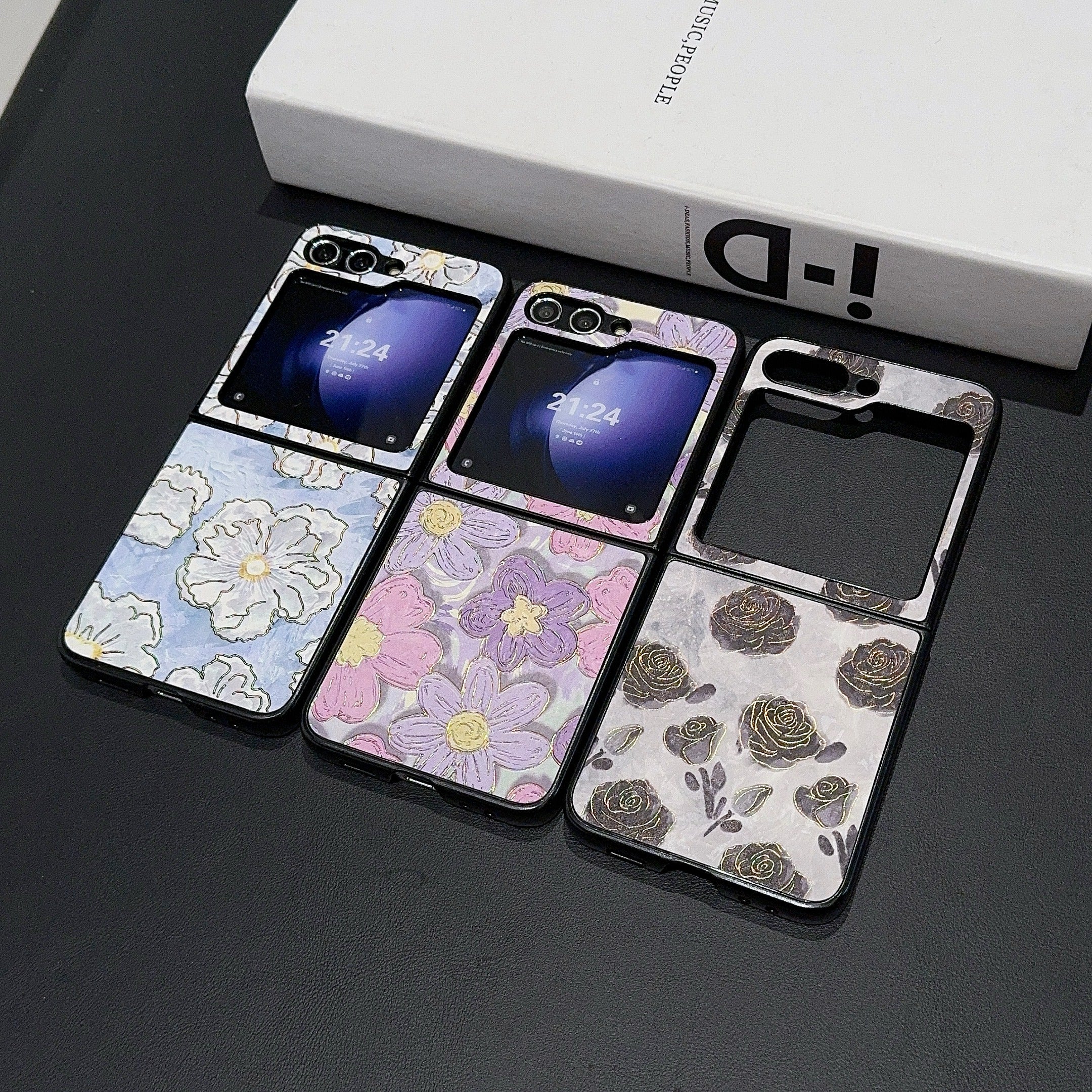 For Samsung Galaxy Z Flip6 5G Case Leather + PC Protective Phone Cover Lacquered Pattern - Flowers