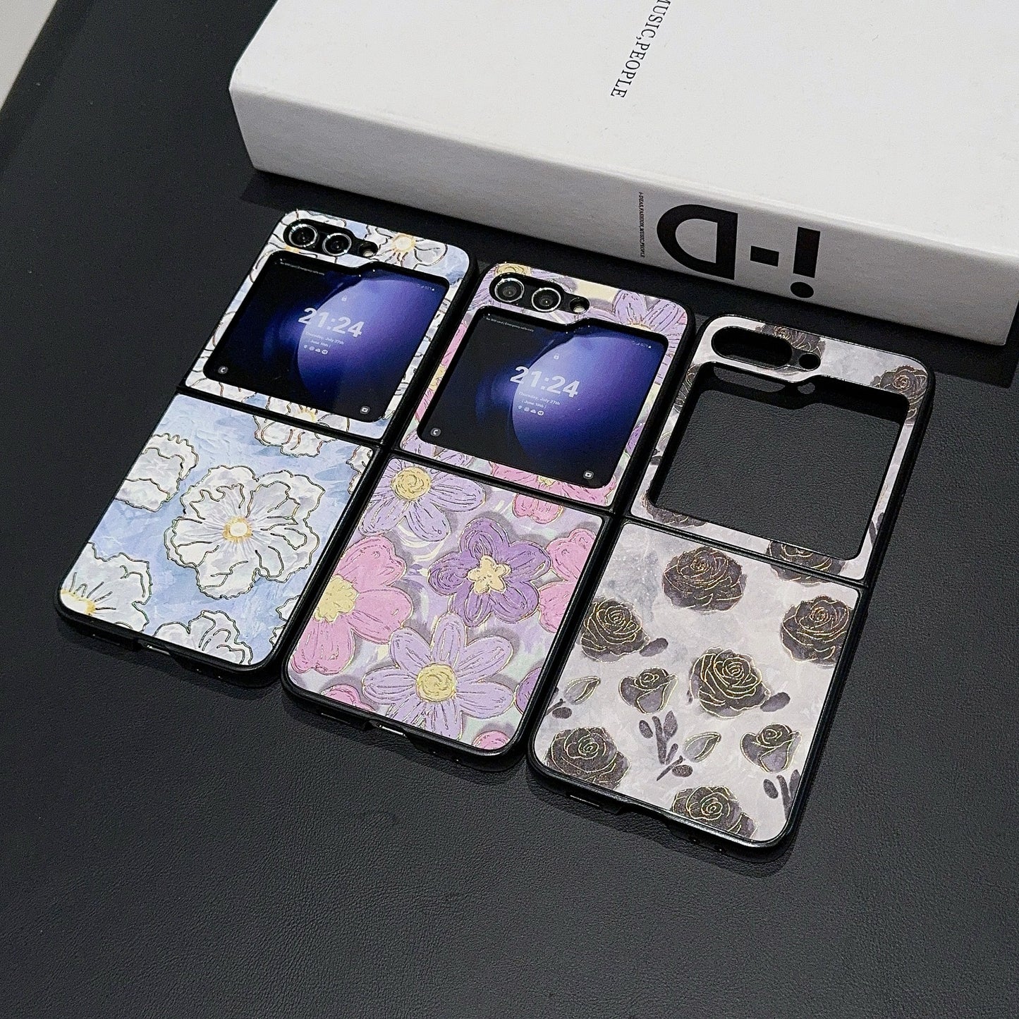 For Samsung Galaxy Z Flip6 5G Case Leather + PC Protective Phone Cover Lacquered Pattern - Flowers