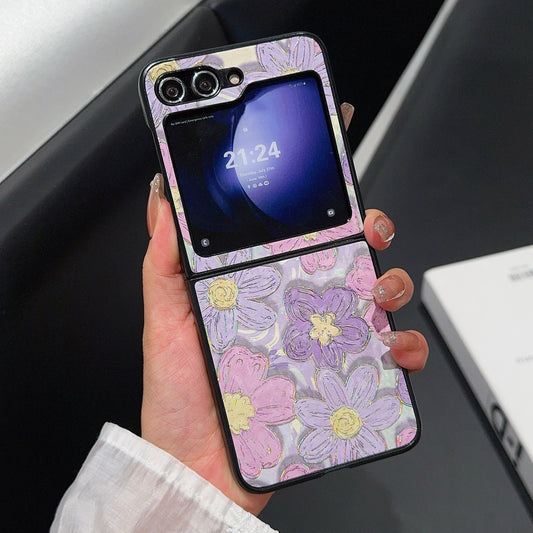 For Samsung Galaxy Z Flip6 5G Case Leather + PC Protective Phone Cover Lacquered Pattern - Purple Flowers