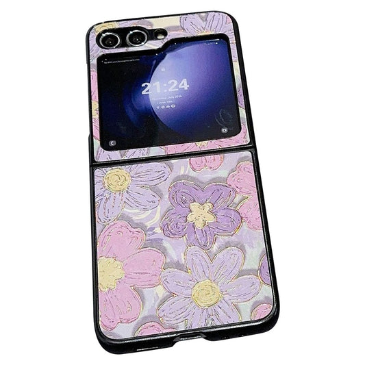 For Samsung Galaxy Z Flip7 FE 5G / Z Flip6 5G Case Leather + PC Protective Phone Cover Lacquered Pattern - Purple Flowers