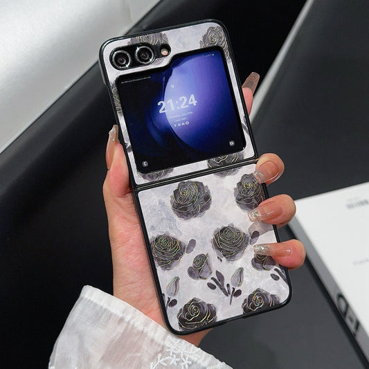 For Samsung Galaxy Z Flip6 5G Case Leather + PC Protective Phone Cover Lacquered Pattern - Retro Black Flowers