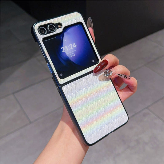 For Samsung Galaxy Z Flip7 FE 5G / Z Flip6 5G / Z Flip5 5G Case Two-Piece Design Leather + PC Laser Grid Phone Cover - White