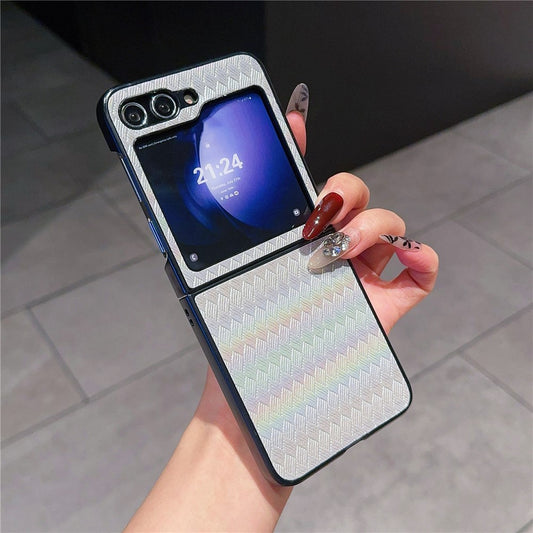 For Samsung Galaxy Z Flip7 FE 5G / Z Flip6 5G / Z Flip5 5G Case Two-Piece Design Leather + PC Laser Grid Phone Cover - Grey