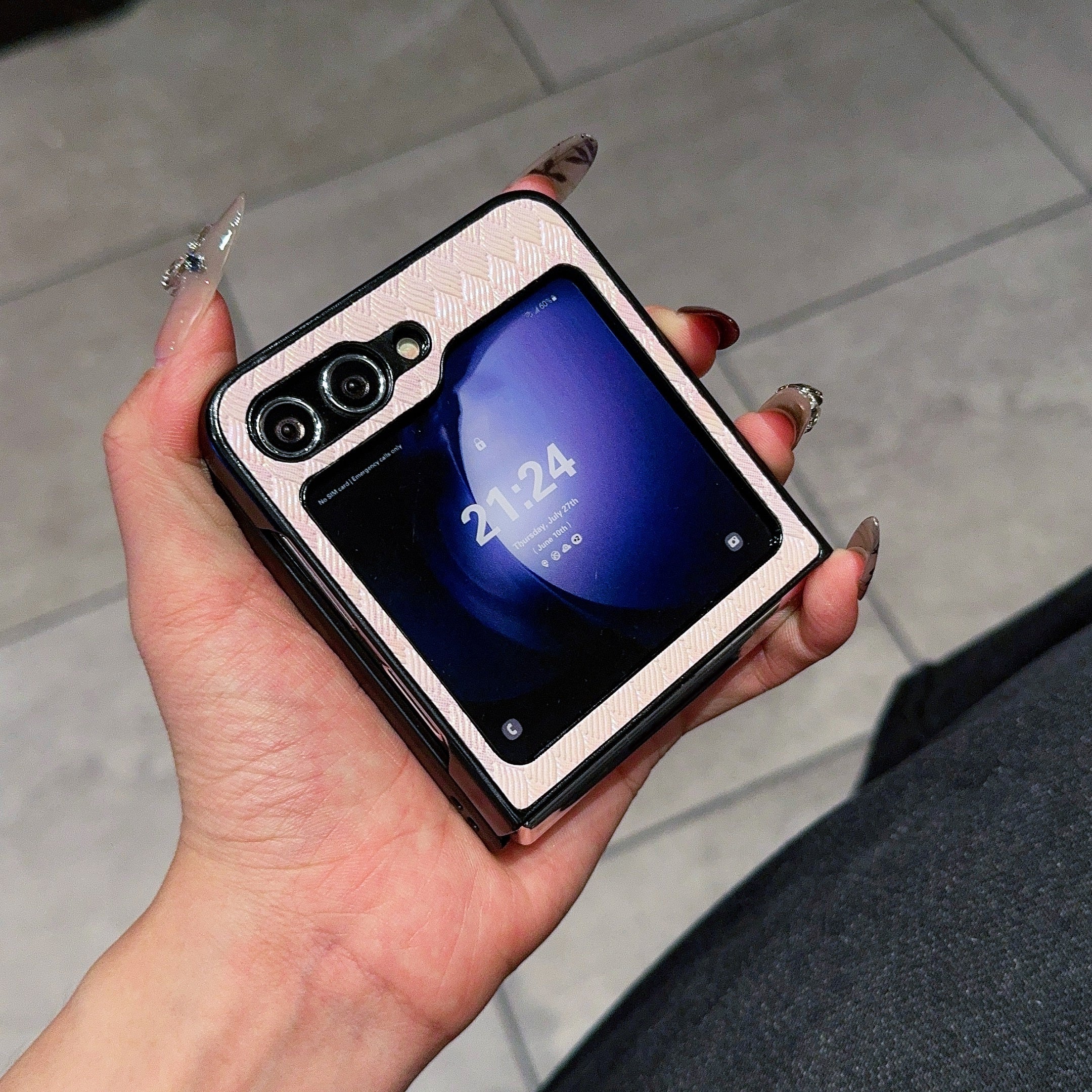 For Samsung Galaxy Z Flip6 5G Case Two-piece Design Leather + PC Laser Grid Phone Cover - Pink