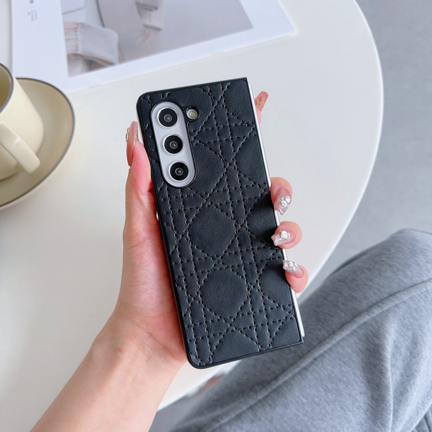 For Samsung Galaxy Z Fold6 5G Case Two-Piece Leather Coated PC Phone Cover Stitching Pattern - Black