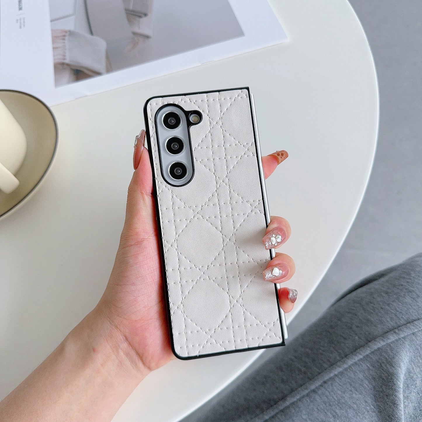 For Samsung Galaxy Z Fold6 5G Case Two-Piece Leather Coated PC Phone Cover Stitching Pattern - White