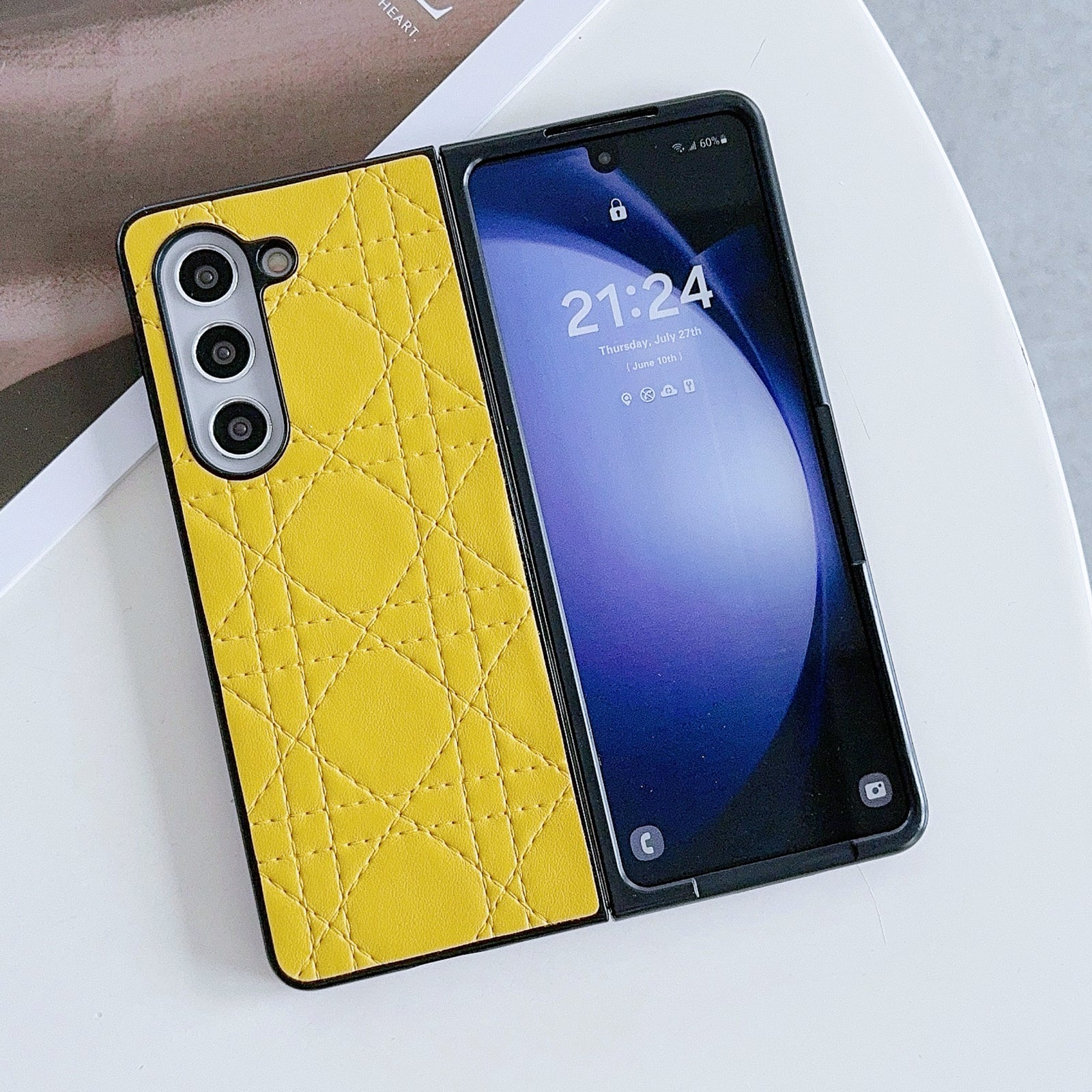 For Samsung Galaxy Z Fold6 5G Case Two-Piece Leather Coated PC Phone Cover Stitching Pattern - Yellow