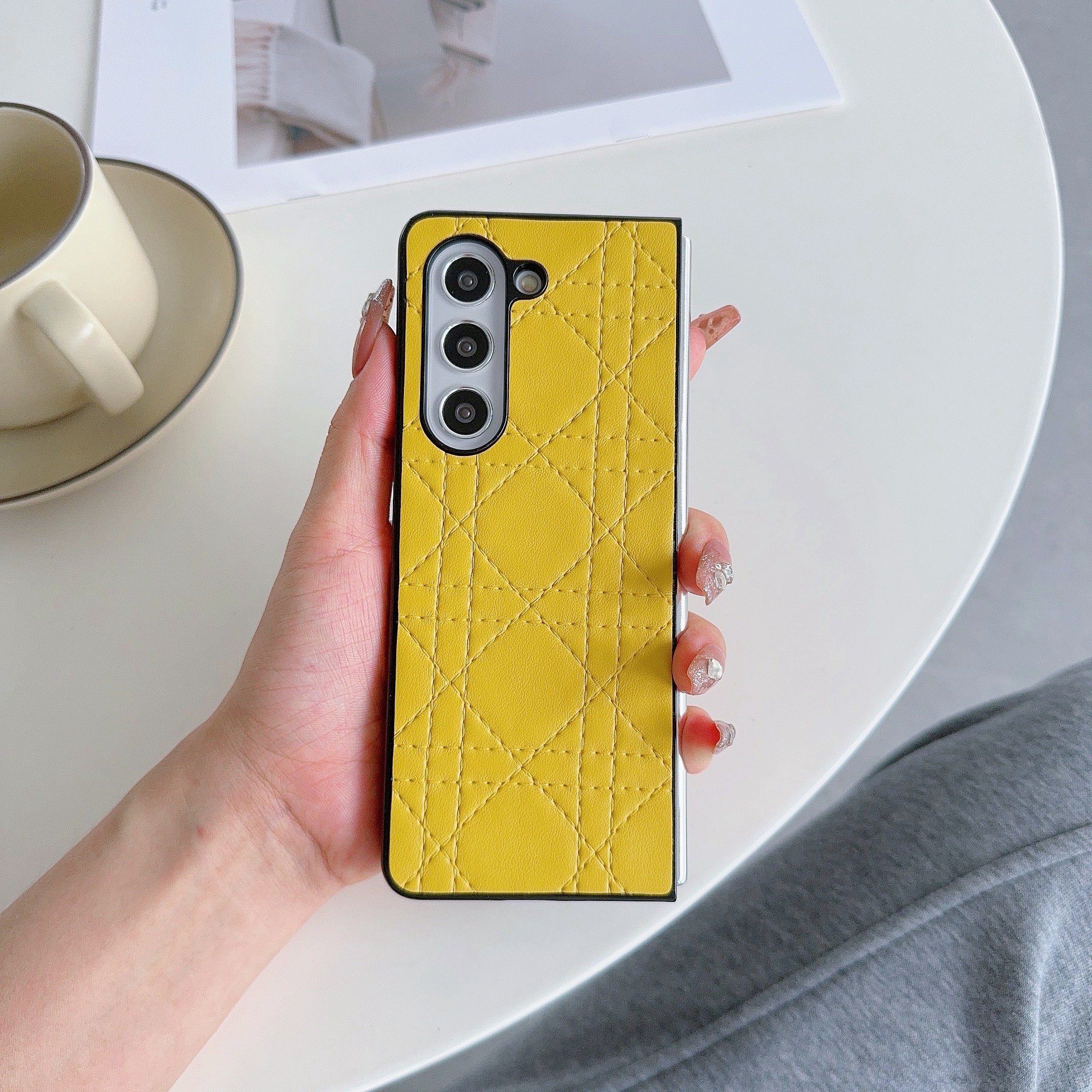 For Samsung Galaxy Z Fold6 5G Case Two-Piece Leather Coated PC Phone Cover Stitching Pattern - Yellow